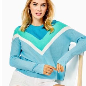 LILLY PULITZER RIVKA RAVELLO BLUE CHEVRON COLORBLOCK OVERSIZED CREW NECK SWEATER
